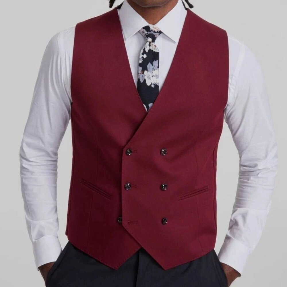 TAYION Mens Classic fit Button-Up Double Breasted Suit Vest Size Medium Red
